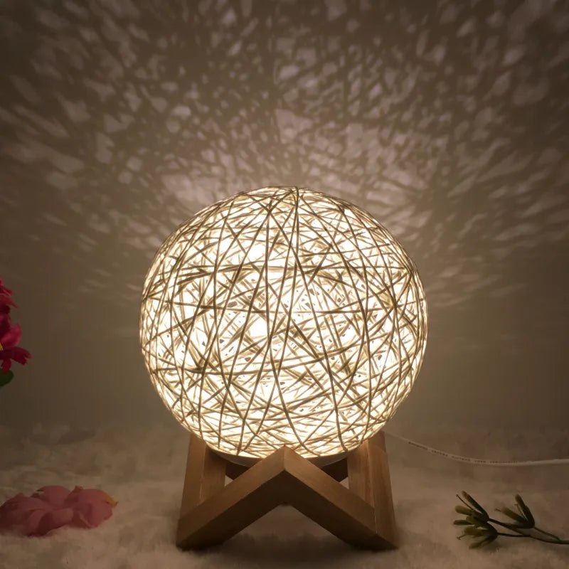 Creative Linen Table Lamp with LED Intelligent USB, Remote Control, and Rattan Ball